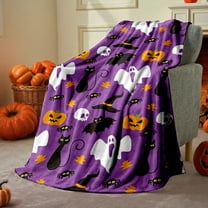 XINGXIANG Halloween Flannel Throw Blanket - Purple Cat Pumpkin Bat Print, Cozy Cat Throw for Bed or Couch, 59x39in Cat Throw Blanket