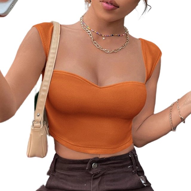 Camiseta Sin Mangas Summer Crop Top Ins Sexy Ultra Short Lady Vest Mujer Color sólido (Naranja S) Cgtredaw Para estrenar