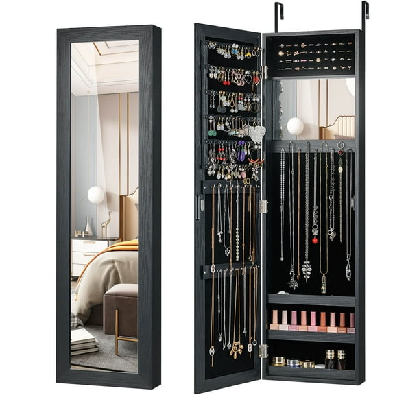 Costway Wall Door Mounted Mirrored Jewelry Cabinet Storage Organizer-Black