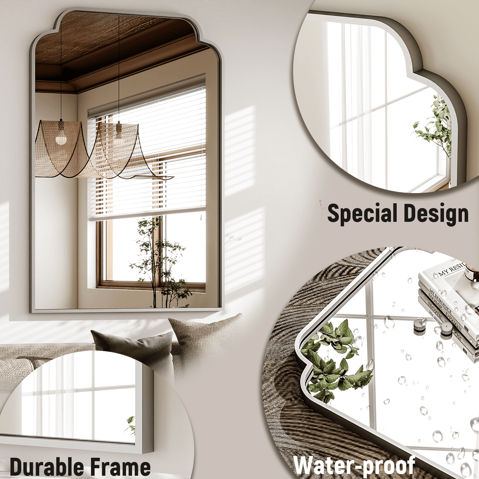 GRAHMCY 40"x30" Bathroom Mirror Arched Wall-Mounted Leaning Vanity Mirror with Deep Frame, Silver
