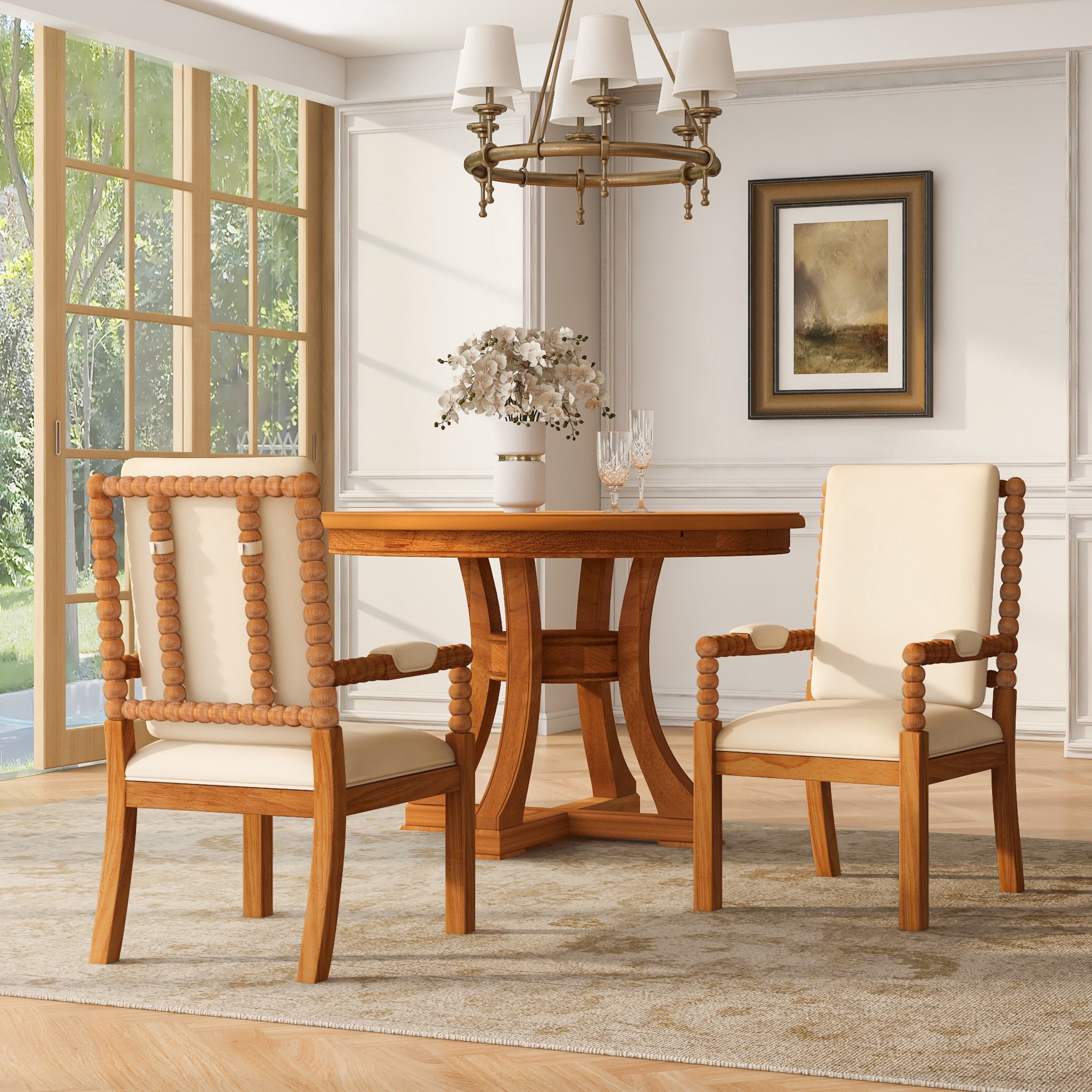 Noble House Stefan Rubber Wood Upholstered Dining Chairs, Ergonomic Comfort Kitchen Chairs, Natural & Beige, Set of 2