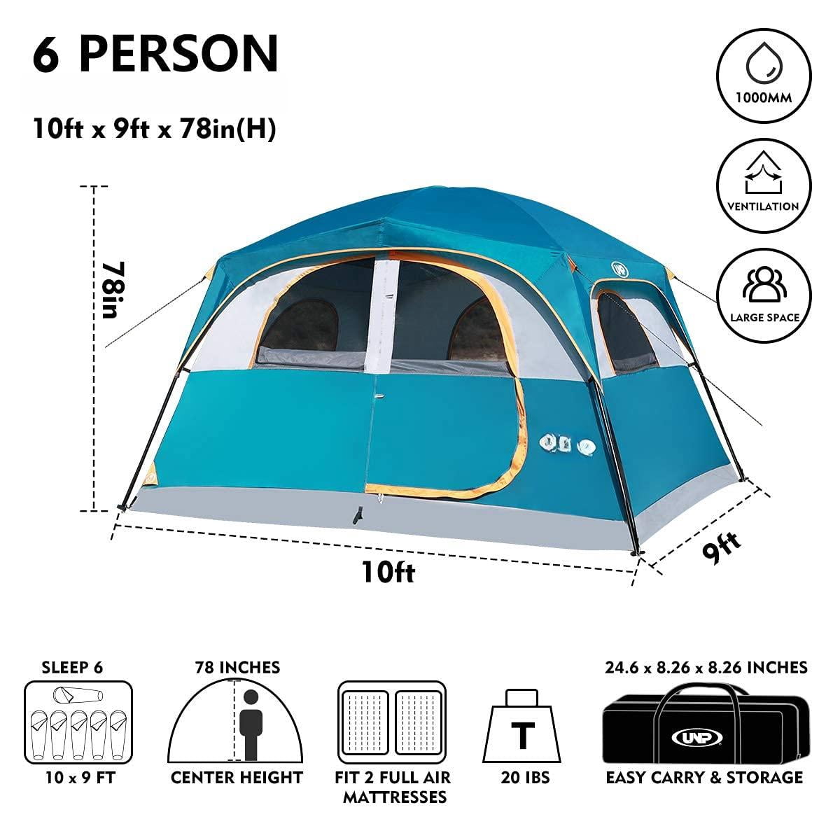 Tents 6 Person Waterproof Windproof Easy Setup Double Layer Family Camping Tent With 1 Mesh Door & 5 Large Windows -10'x9'x78in(h)