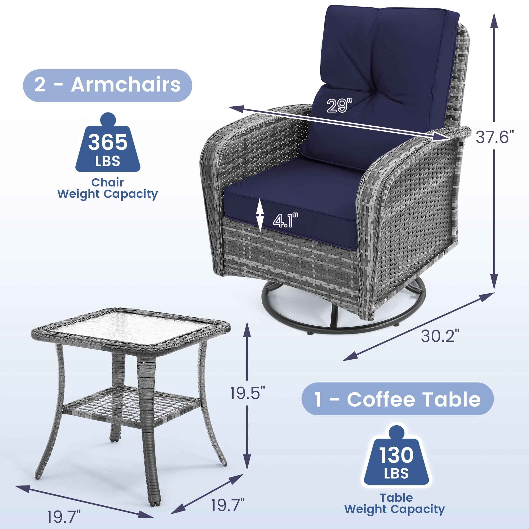 LOGYAT 3-Piece Swivel Wicker Patio Furniture Set, All-Weather Resin Rattan Chairs with Washable Cushions, Tempered Glass Top Side Table for Porch Deck Balcony, Blue Cushions