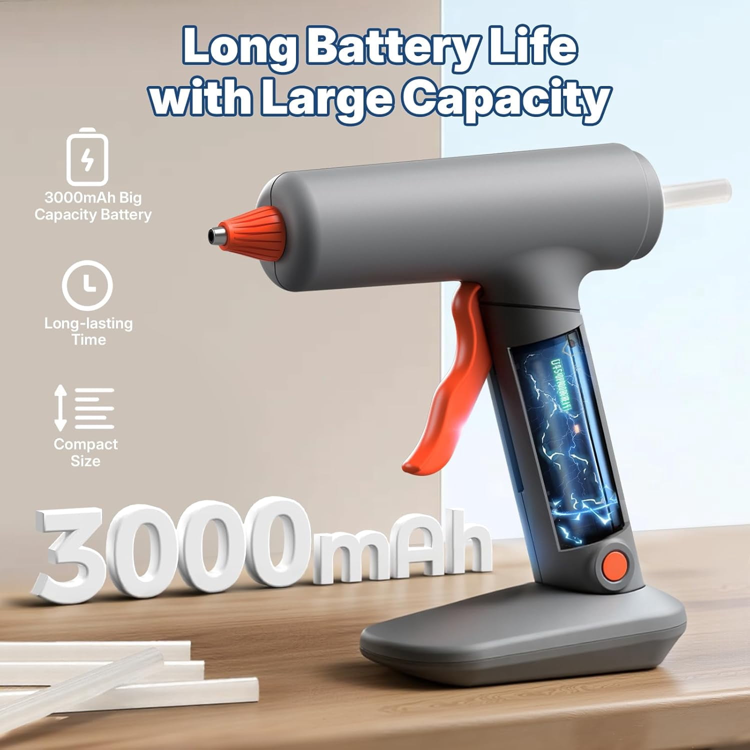 Cordless Hot Glue Gun Kit Fast Heating 3000mAh Rechargeable Mini Glue Gun with Anti-Drip Nozzle, 30pcs Clear & 10pcs Colorful Glue Sticks, for Arts Crafts DIY School Projects Home Repairs
