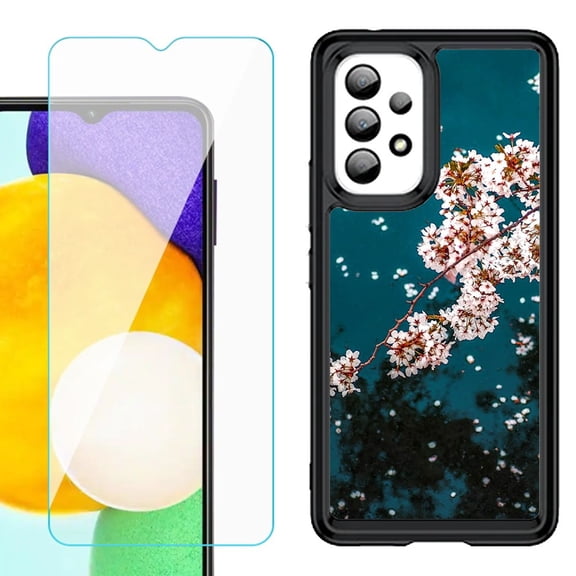 Shockproof Bumper (Black Frame) phone Case for Samsung Galaxy A23 5G, with Tempered Glass Screen Protector, by OneToughShield ® - Night Blossom