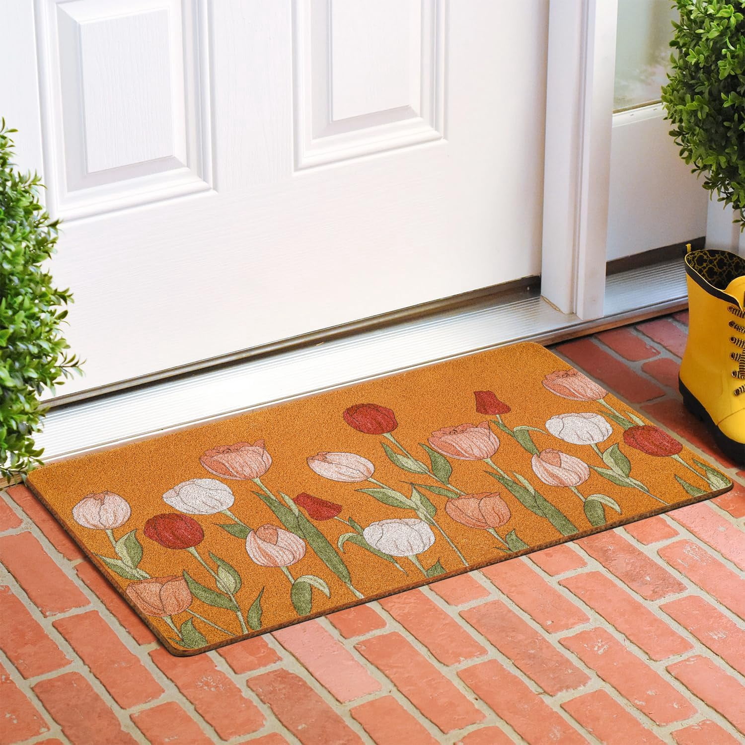 Red Pink White Tulip Coir Door Mat for Front Door, Spring Summer Flower Outdoor Welcome Mats for Entrance,Garden,RV,Patio,Home Porch Decor Doormat 30x17 Inch