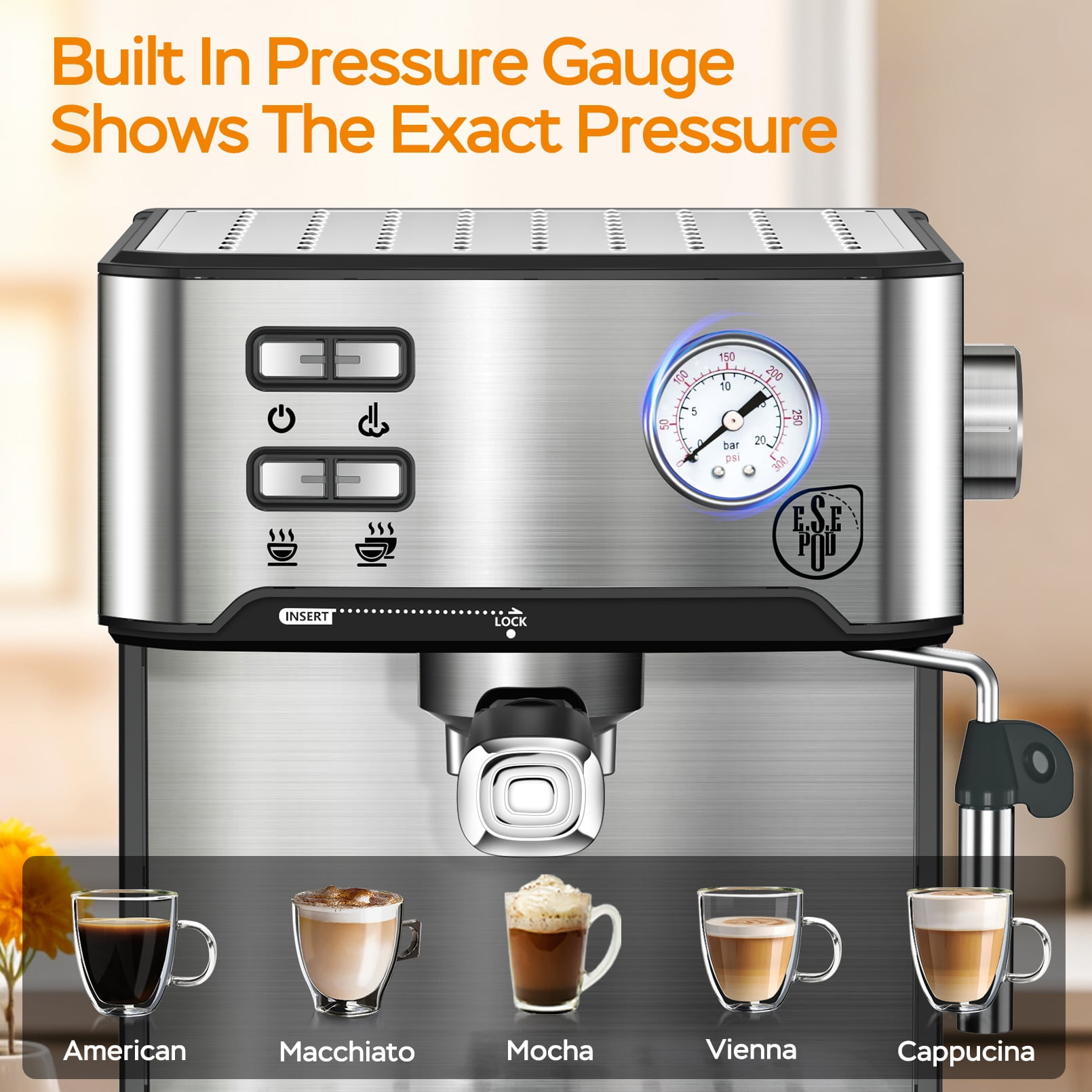 Plum Chef 20 Bar Espresso Machine with Built-in Pressure Gauge, Professional Coffee Maker for Cappuccino & Latte, ESE POD Compatible, 1.5L Water Tank, Stainless Steel, 950W