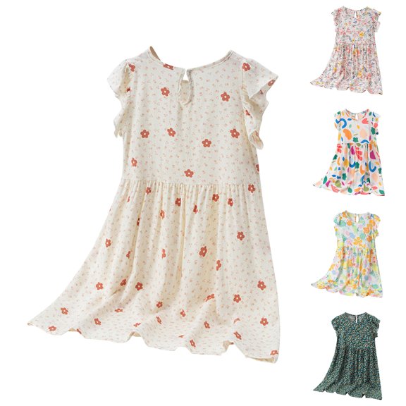 SROBPTY Girls Summer Dress Print Crew Neck Sleeveless Mid-Length Sundress for Daily Wear