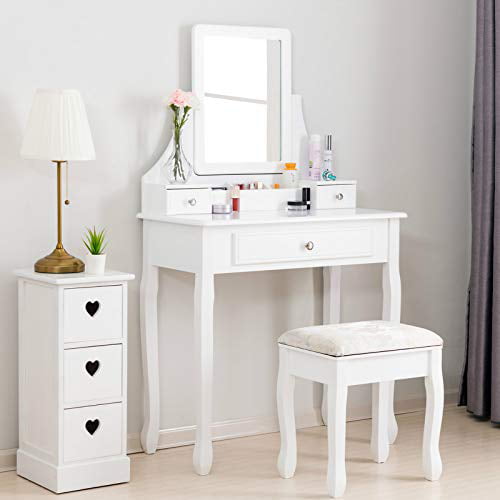 EUGAD Light Oak+White Dressing Table with Stool Mirror Set with 3 Drawers Bedroom Makeup Desk Dresser Set