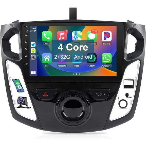 Android Car Radio for Ford Focus 2012-2018 Stereo Upgrade with Wireless CarPlay Android Auto, 9'' HD Touchscreen with GPS Navigation Bluetooth WiFi Mirror Link Backup Camer Microphone 2 32G