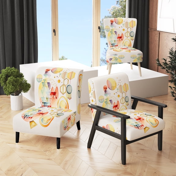 Designart "Multicolored Shapes Abstraction I" Yellow Modern Upholstered Accent Chair - Modern Arm Chair For Bedroom