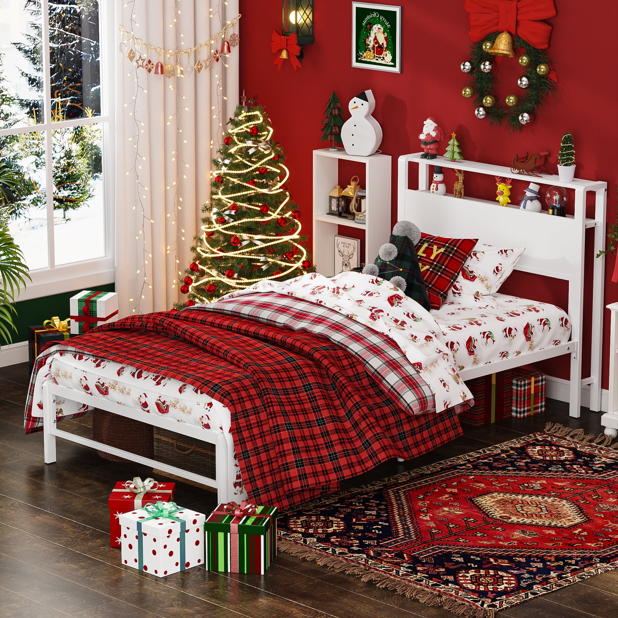 Yoneston 12" Twin Metal Bed Frame with 2-Tire Storage Headboard for Girls, Heavy Duty Platform Bed Frame No Box Spring Bedroom Furniture, White