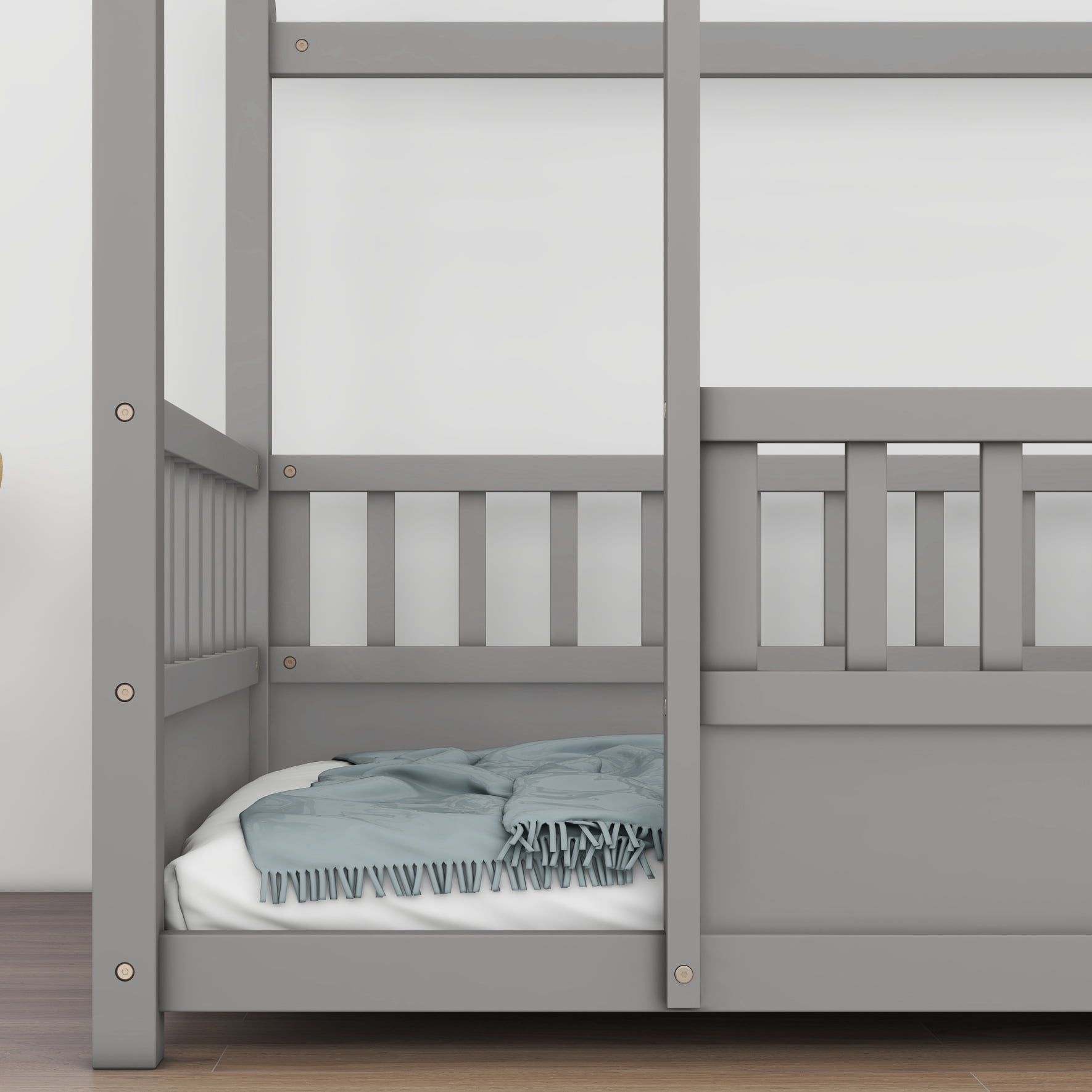 Twin Size Floor Bed with Wooden House Roof & Safety Guardrails for Kids - Sturdy Pine Construction, Grey (Multiple Color Options)