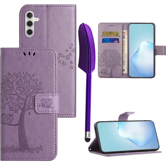 Galaxy S24 Flip Case with Card Holder Stylus Pen, Women Cute Embossing Leather Folio Cover Folding Phone Wallet Case Compatible with Samsung Galaxy S24 6.2" (Purple)