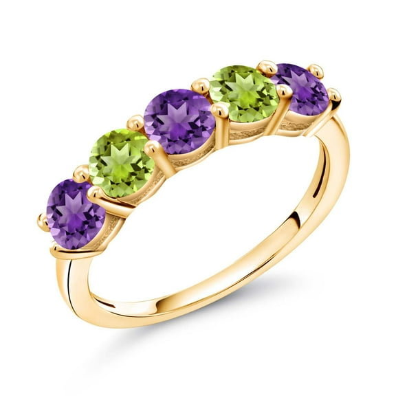 Gem Stone King 18K Yellow Gold Plated Silver Purple Amethyst and Green Peridot Wedding Band Ring for Women | 0.89 Cttw | Round 3.5MM | Gemstone February Birthstone (Size 7)