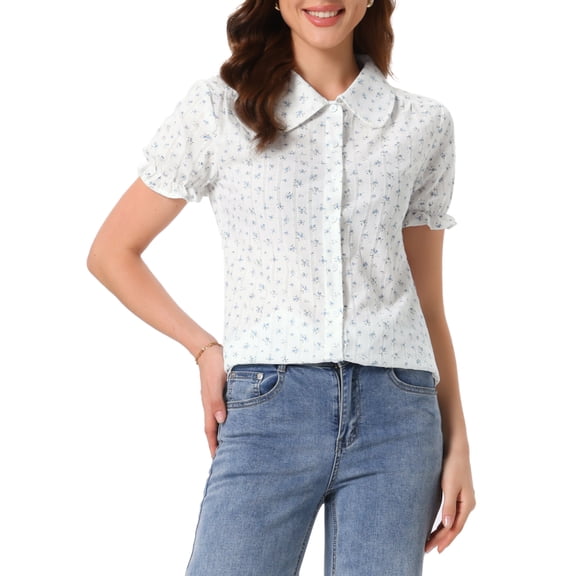 INSPIRE CHIC Women's Peter Pan Collar Button Down Bubble Sleeve Printed Shirt Blue White S