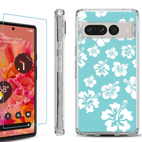 Shockproof Bumper Phone Case for Google Pixel 7 Pro, with Tempered Glass Screen Protector, by OneToughShield  - Hibiscus Teal