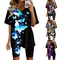 Summer Sets Women 2 Piece Outfits Print Short Sleeve Tops with Short Pants Running Yoga Sport Sets Blue Matching Sets L