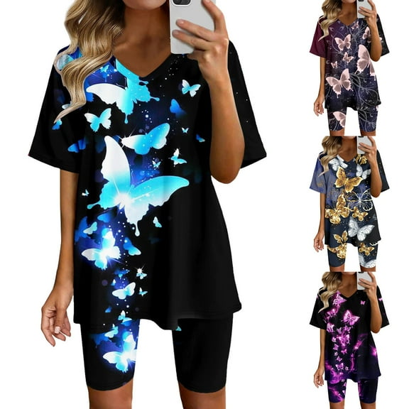 Summer Sets Women 2 Piece Outfits Print Short Sleeve Tops with Short Pants Running Yoga Sport Sets Blue Matching Sets L