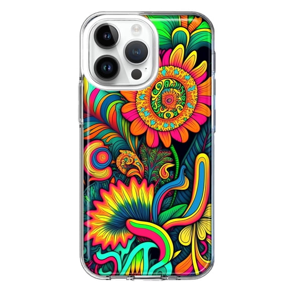 MUNDAZE Case for Apple iPhone 15 Pro Max Slim Hard Shell Soft TPU Hybrid Shockproof Heavy Duty Protective Phone Cover - Neon Rainbow Psychedelic Indie Hippie Sunflowers
