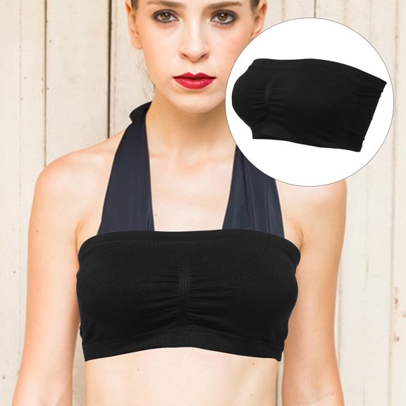 COMPUKAS 1Pack Strapless Bandeau Top for Women Black Chinlon Removable Pads Elastic Design
