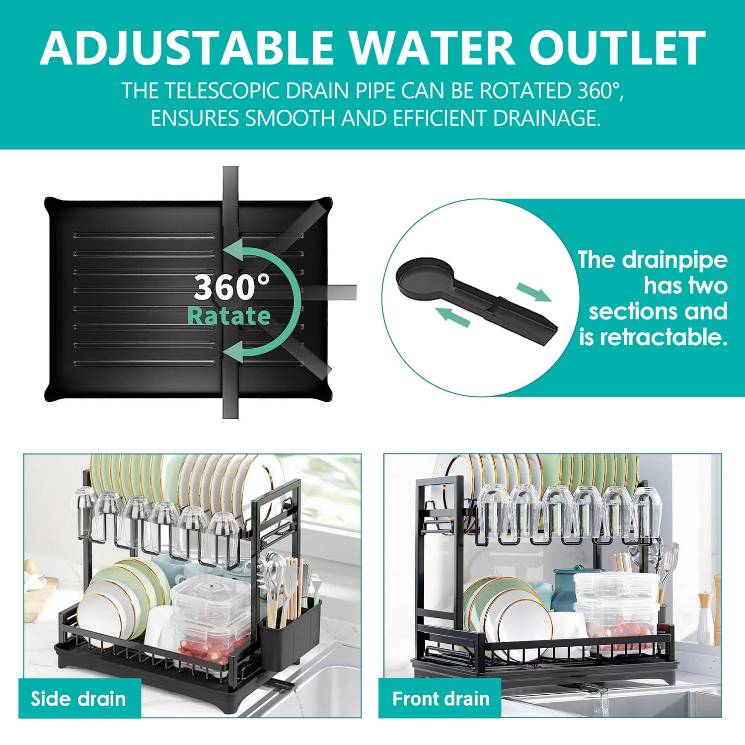 Stelive 2-Tier Dish Drying Rack Dish Drainer Dish/Cup/Cutting Board Cutlery Holder Dish Drainer Rack Multifunctional Storage Rack w/Drainboard & 360° Telescopic Drain Pipe for Kitchen (Black)