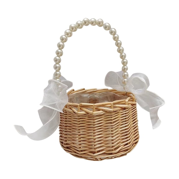 TAROFISH Wicker Rattan Flower Girl Basket,Easter Basket,Pearl Handle Flower Basket,Flower Girl Basket for Wedding and Home Decorations,A