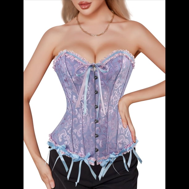 Corsé Moldeador con Cordones y Estampado Floral Renacentista para Mujer, Sin Mangas, con Cuello en V. Azul Oscuro XXL