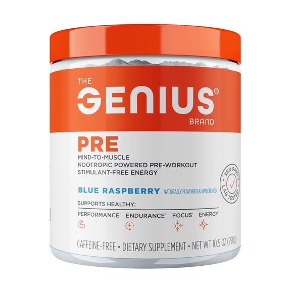 The Genius Brand Genius Pre - Clean Pre-Workout Powder for Energy, Focus & Fitness Support - No Artificial Flavors, Preservatives, or Proprietary Blends - Non-GMO - 20 Servings - Blue Raspberry