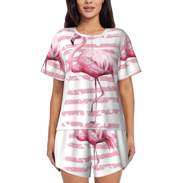 Fotbe Flamingo Conjunto de Pijama Estampado para Mujer, 2 Piezas, Ropa de Dormir con Camiseta de Manga Corta y Shorts Suaves-Medium