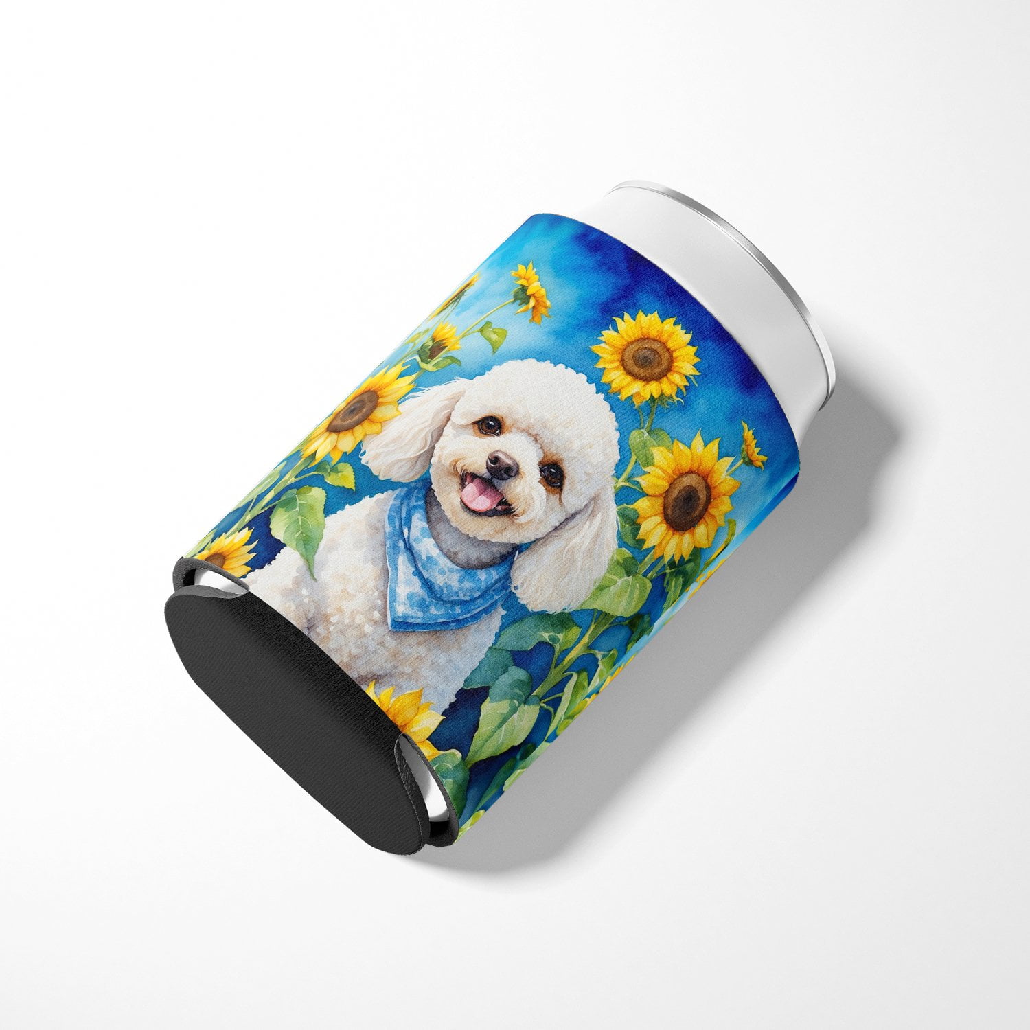 White Poodle in Sunflowers Can or Bottle Hugger 3 in x 5 in