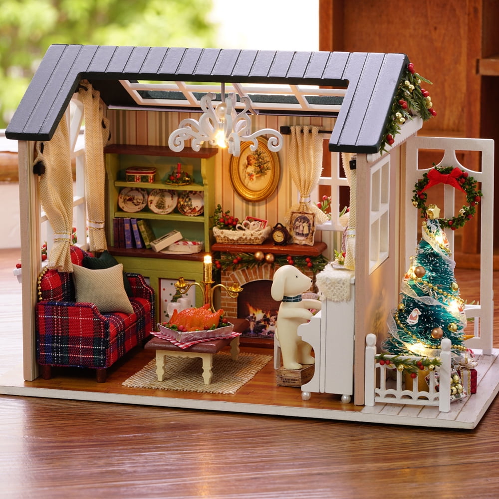 DIY Dollhouse Wooden Miniature Kit Christmas Tree Doll House LED Light Kids Gift 
