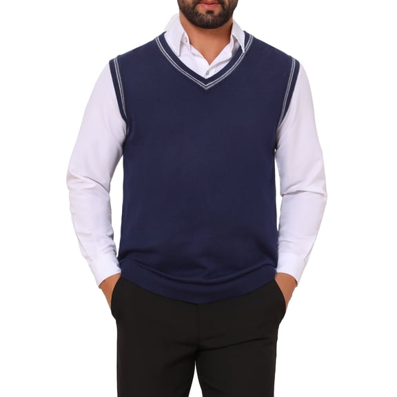 INSPIRE CHIC Men's Sweater Vest V Neck Knitwear Pullover Sleeveless Sweater Top M Navy Blue