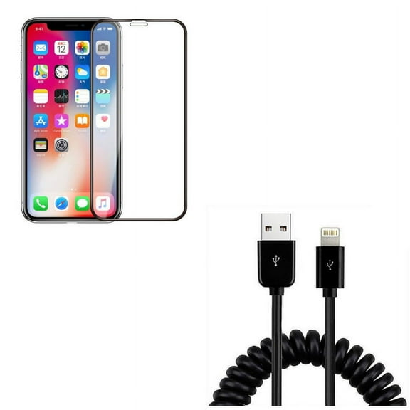 iPhone XS/X - Coiled USB Cable w Tempered Glass Screen Protector - Charger Cord Power Sync Wire Black, 5D Touch Curved Edge Full Cover Bubble Free Case Friendly 9H Hardness