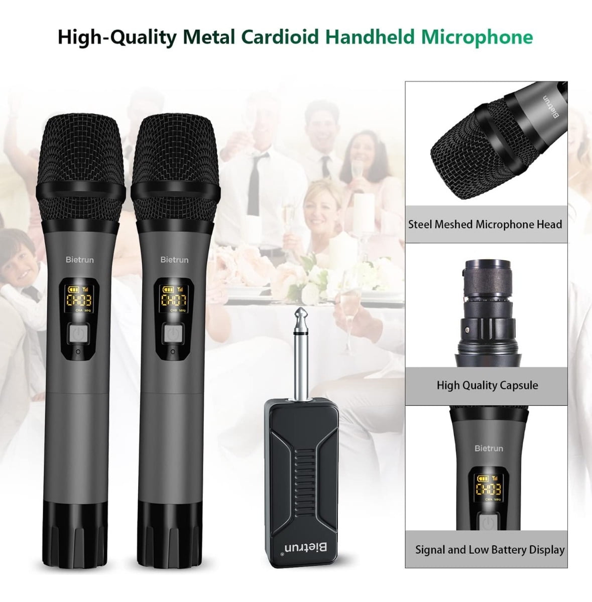 Wireless Microphone, Bietrun UHF Metal Dual Handheld Cordless Dynamic Mic System with Rechargeable Receiver, 1/4‘’Output, for Karaoke, Church, Speech, Wedding, Party Singing(160 ft Range)