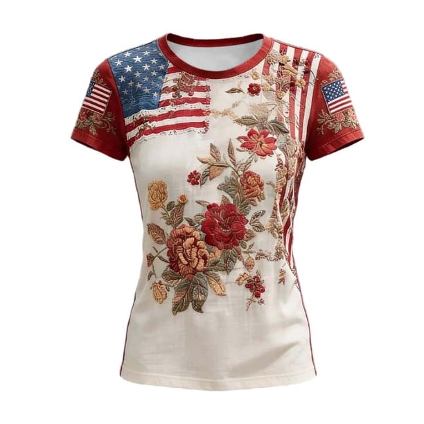 Mujeres Manga Corta Tops Moda Casual Cómoda Impresión V-Cuello Blusa Camiseta Top para Eventos de Aniversario Patriótico Y Uso Diario