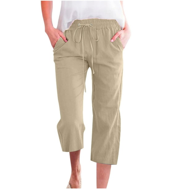 Womens Summer Capri Pants Elastic Waist Cotton Linen Casual Yoga Lounge  Cropped Pants Capris Trousers with Pockets 