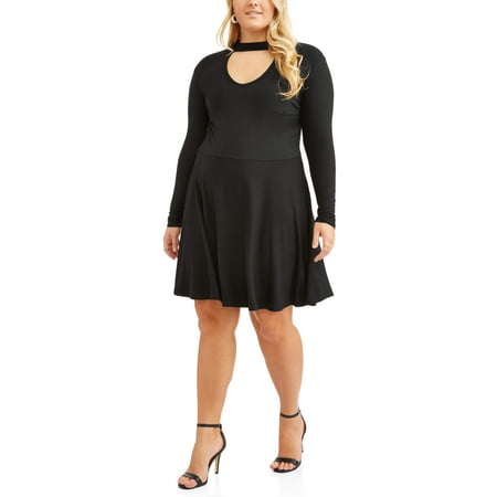 Juniors' Plus Long Sleeve Mock Neck Fit N Flare Dress