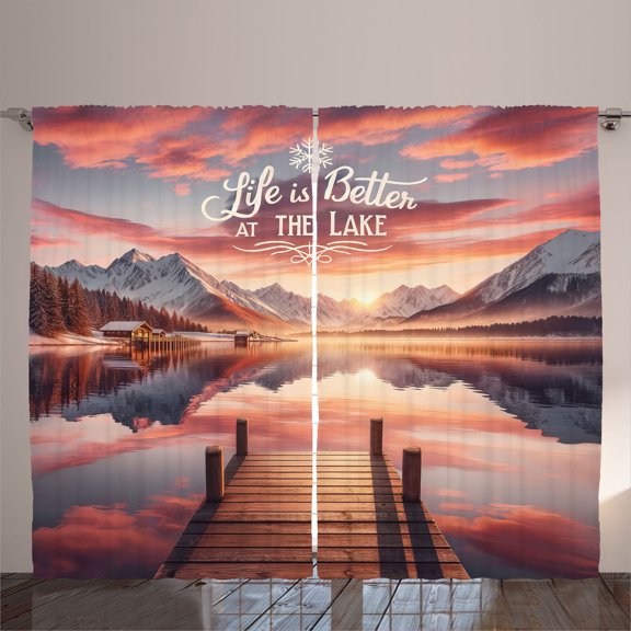 Ambesonne Lake Curtains 2 Panel Set, Mesmerizing Sunset Mountains, 108" x 90", Salmon Purple Grey