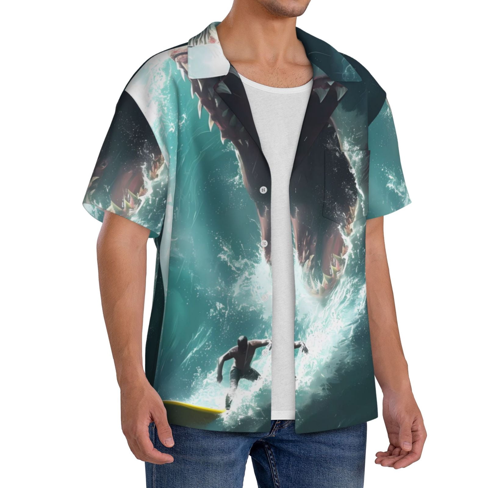 Kdxio Men's Hawaiian Shirt for Men Short Sleeve Shirt Surfing Shark Summer Casual Holiday Beach Button Down T-Shirts