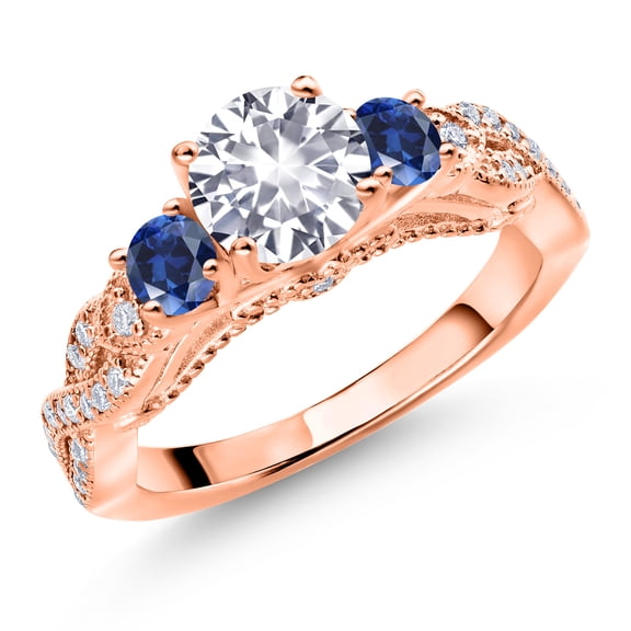 Gem Stone King 18K Rose Gold Plated Silver White Created Sapphire Blue Created Sapphire and White Moissanite Engagement Ring for Women (1.55 Ct, Gemstone September Birthstone, Round 6MM, Size 8)