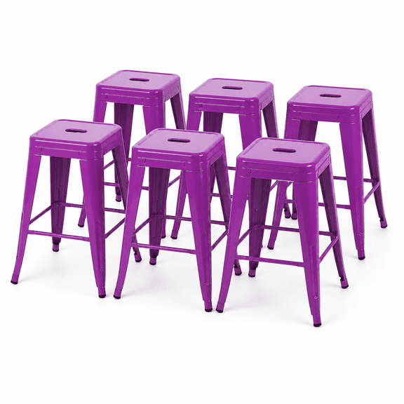 24 Inch Backless Metal Counter Stool Set of 6, Purple, Stackable with Carry Hole and Footrest