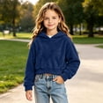 thumbnail image 4 of FRSASU Girl's Cropped Hoodie Long Sleeve Fuzzy Plush Pullover Casual Solid Color Short Hooded Sweatshirt Top Navy, 4 of 8