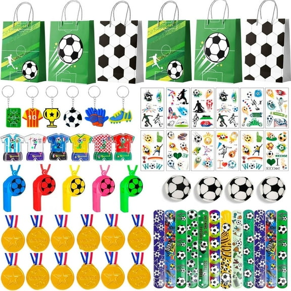 Soccer Theme Favors,96pcs Soccer Party Favors for Kids - Soccer Slap Bracelets Stickers Medals Keychains Bags Whistle Maza Toys etc Soccer Birthday Party Favors for Soccer Party Decorations Supplies