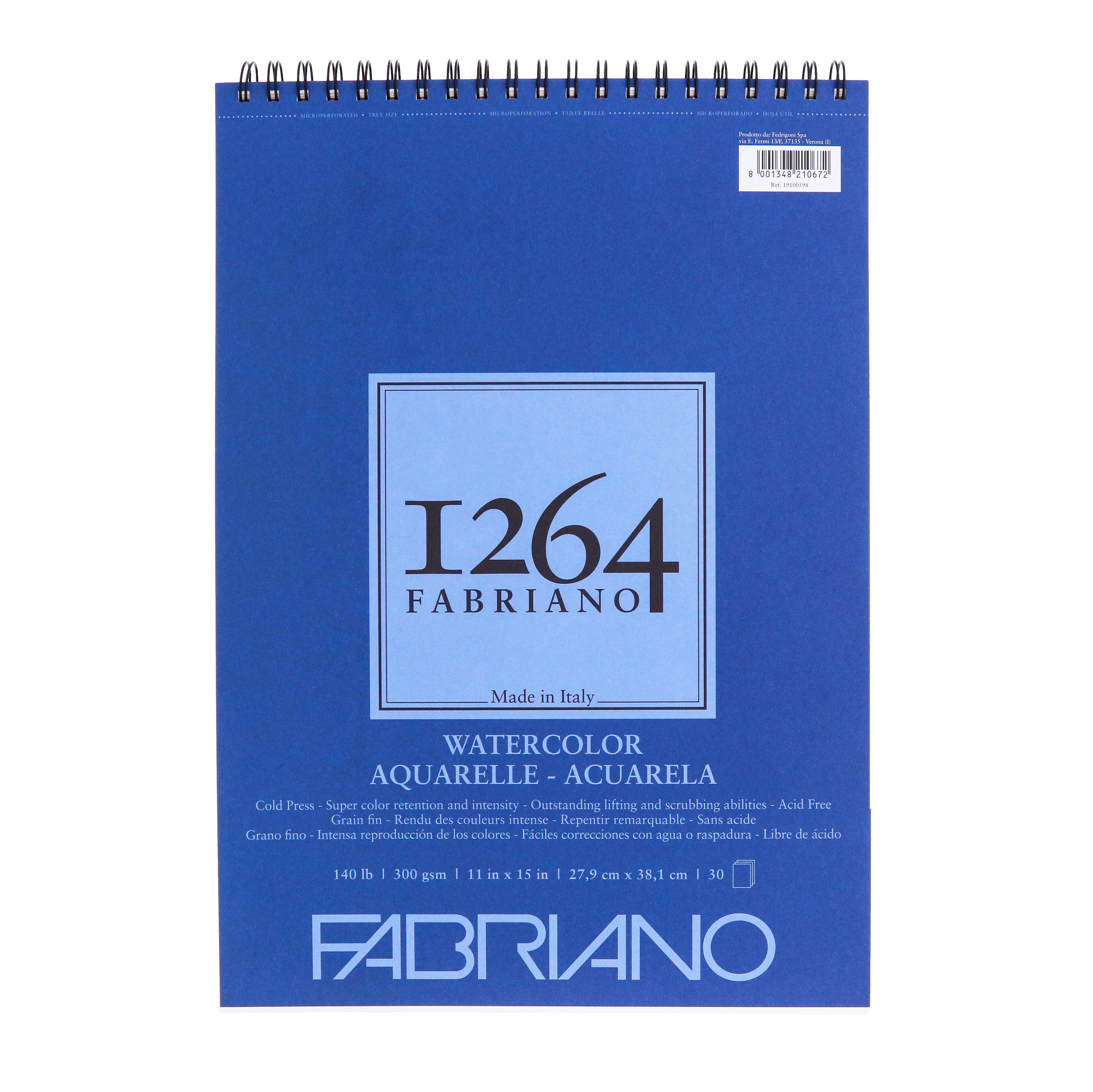 Fabriano 1264 Watercolor Pad, Spiral Bound, 11”x15”, 140 lb, 30 Sheets
