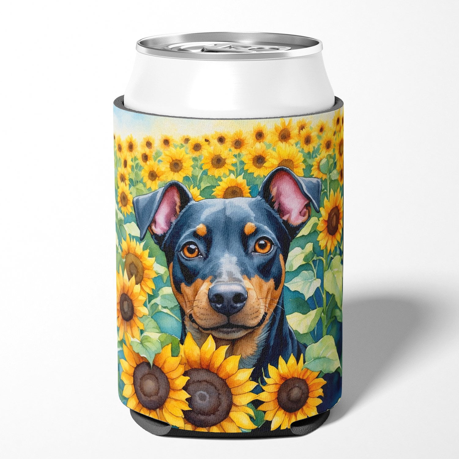 Manchester Terrier in Sunflowers Can or Bottle Hugger 3 in x 5 in