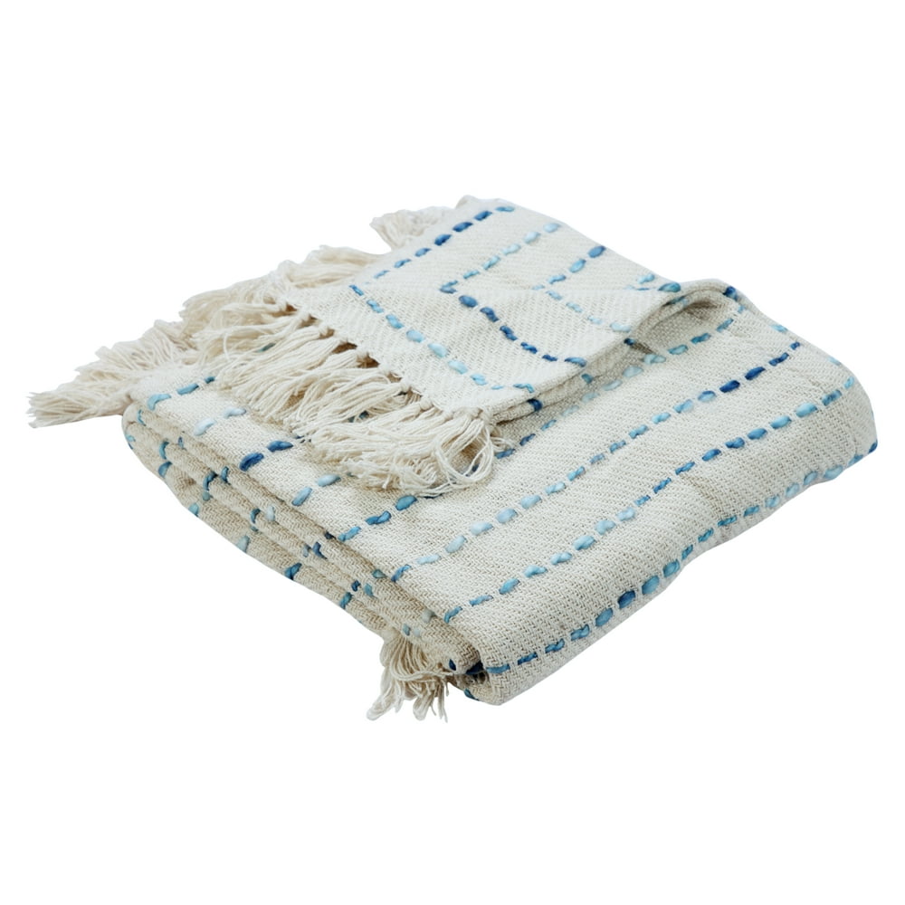 Woven Paths Striped Fringe Throw Blanket, Blue & Cream, 50" x 60