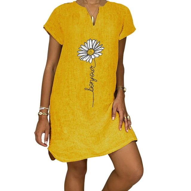 SMihono Robe d'Été pour Femmes Grande Taille Femmes Manches Courtes Col en V Décontractée Chaude Vacances Imprimée Mini Robe Droite