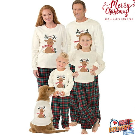 

Sunisery Christmas Pajamas For Family Elk Print Long-Sleeve Tops with Plaid Pants Sleepwear Set for Adult Kid Baby Dog