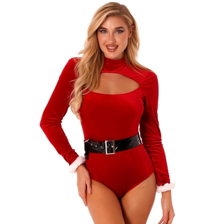 

Aislor Womens Mrs Santa Sexy Bodysuit Velvet Front Cutout Jumpsuit Christmas Costume with Belt